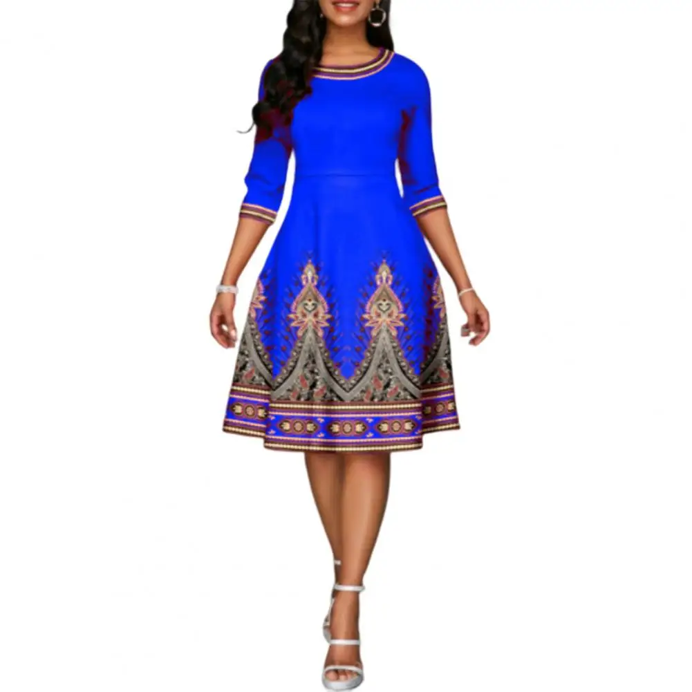 

O-Neck Half Sleeve High-Waist Large Hem Women Dress Autumn Ethnic Style Digital Print A-Line Casual Dress Streetwear
