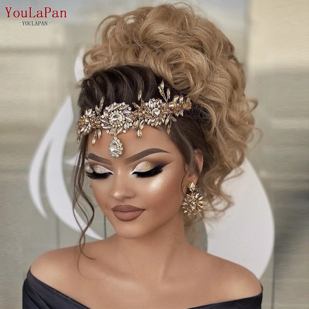 

YouLaPan HP440 Golden Forehead Crown for Brides Wedding Hair Accessories Rhinestone Bridal Headband Women Bridesmaid Headdress