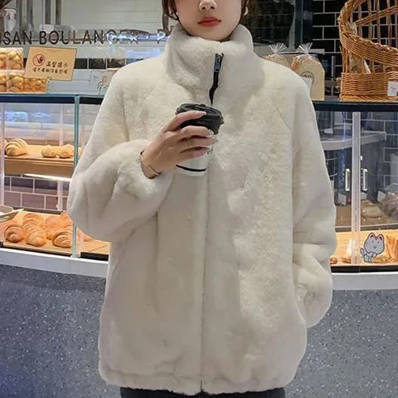 Autumn Winter Stand Collar Faux Fur Casual Fashion Zipper Coat Lady Plus Velvet Thick Warm Cardigan Top Women Loose Wild Outwear