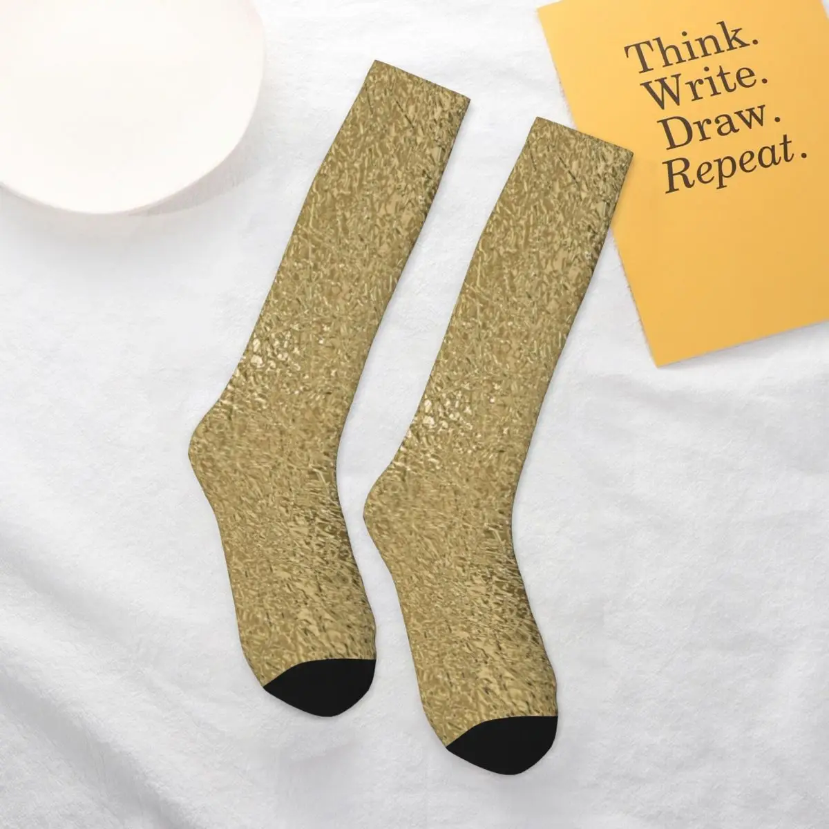 

Gold Faux Metallic Print Socks Golden Glitter Quality Sports Mid Stockings Large Chemical Fiber Unisex Decorative Socks