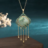 china style painted bamboo leaf plate jade pendant necklace 24k copper gold plated clavicle chain necklaces for women jewelry