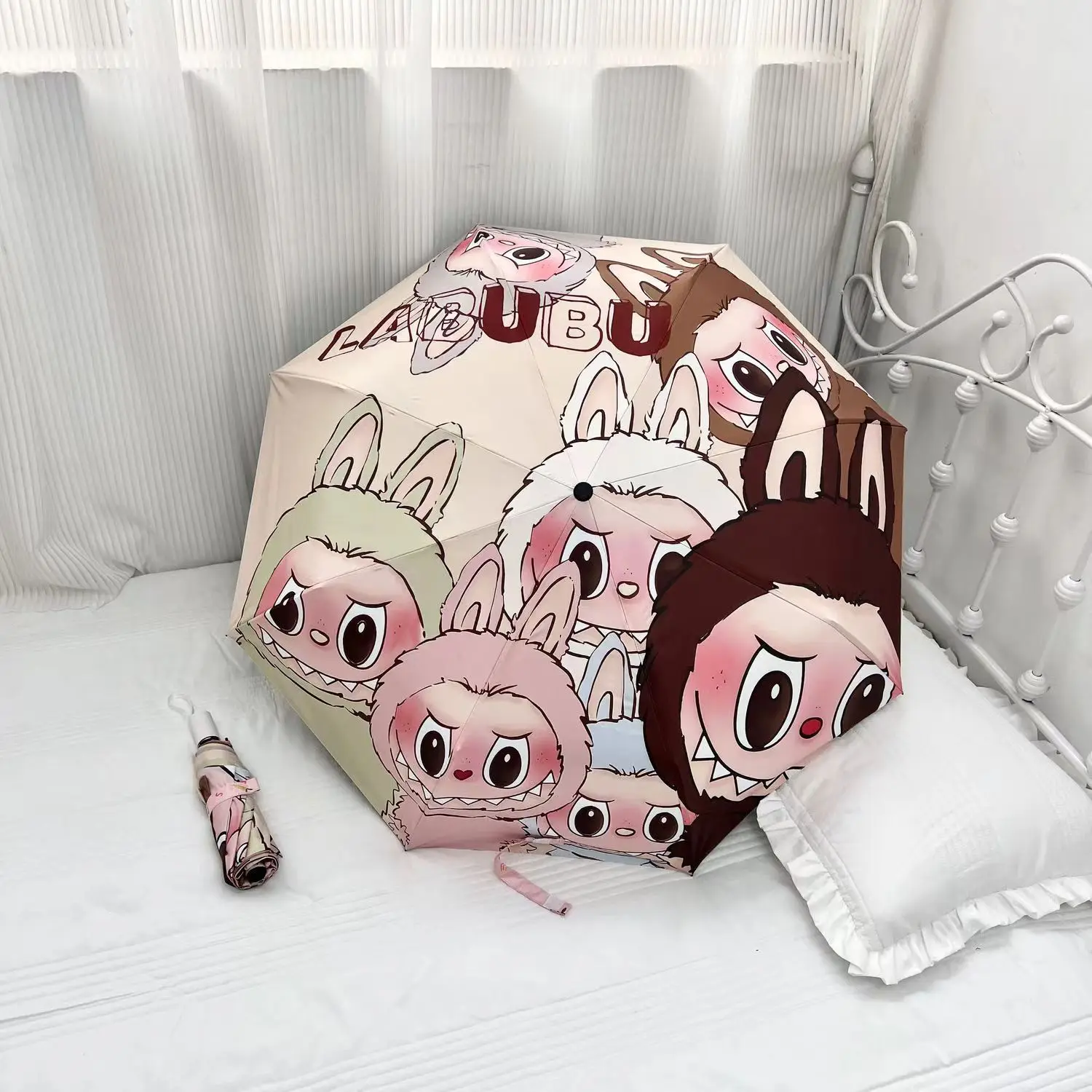 Kawaii Labubu Monster мультфильм автоматический портативный зонт от солнца