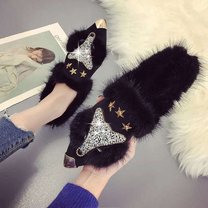 Crystal Fox Pattern Women Loafers Fashion Metal Pointed Toe Fluffy Plush Moccasins Winter Ladies Party Shoes Ballet Flats Shoes
