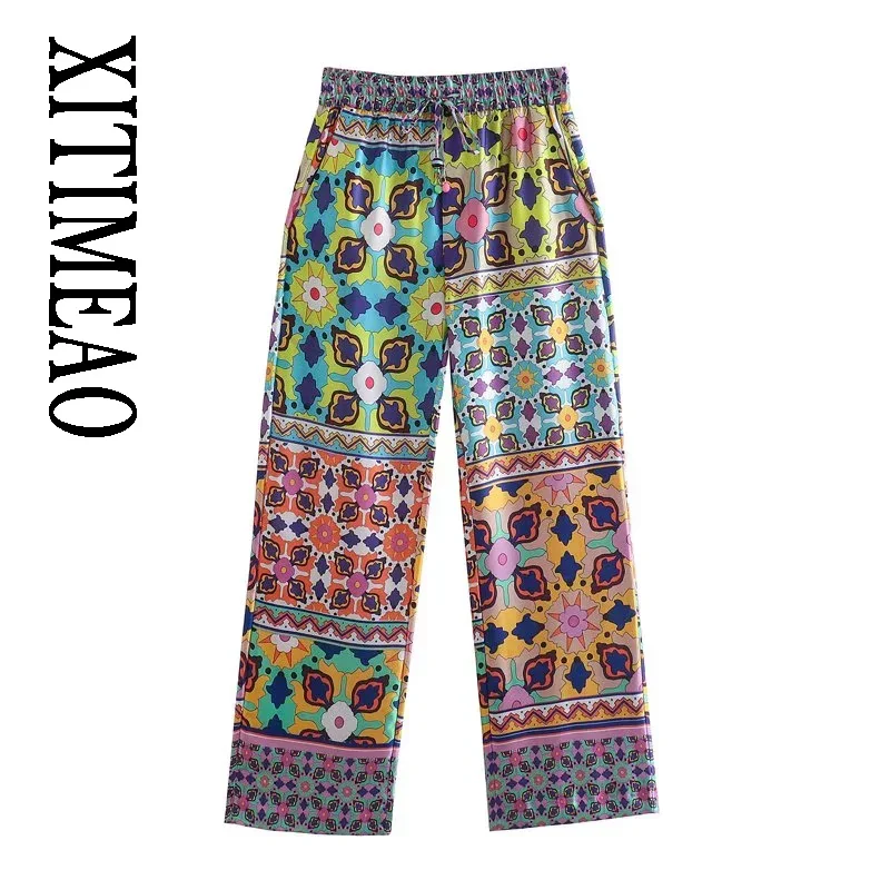 

XITIMEAO Women Fashion Side Pockets Printed Straight Pants Vintage High Elastic Waist With Drawstrings Female Trousers Mujer