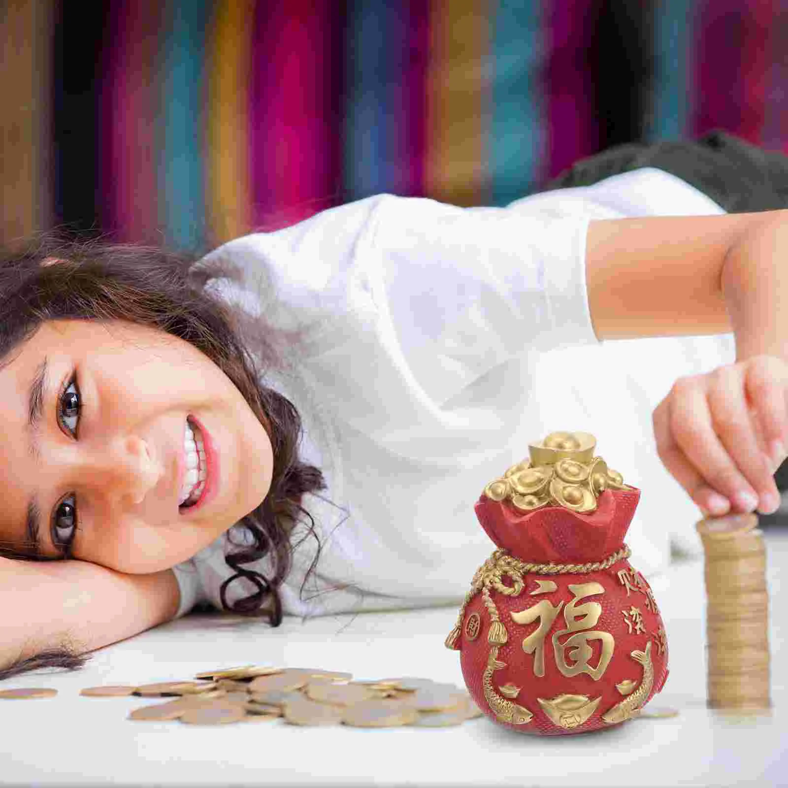 

Piggy Bank Crafts Resin Coin Jar New Year Decorations Fortune Bag Container Storage Break Open