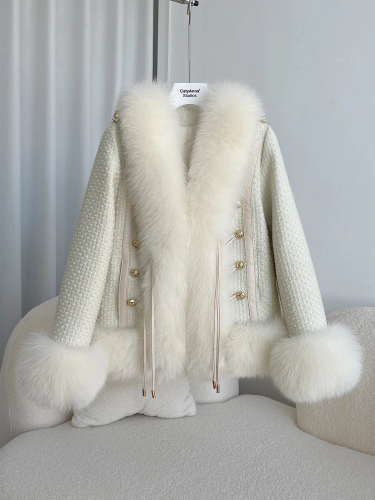 Winter Jacket Women  Fox Fur Coat for Women 2022 Autumn and Winter New Socialite Fur Collar Long Sleeve Tweed Jackets Femenino