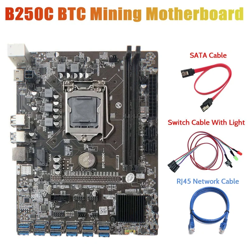 

Материнская плата B250C Miner + кабель коммутатора светильник кой + кабель RJ45 + кабель SATA 12 PCIE в разъем для графической карты USB3.0 LGA1151 DDR4