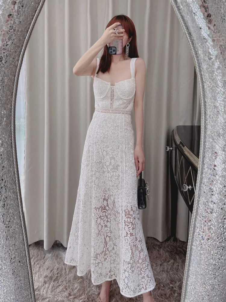 

White Lace Women Long Dress Sexy Off-shoulder Slim Backless Temperament Female Sling Robes Summer 2023