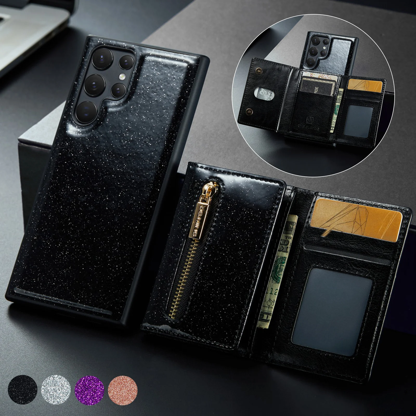 

Glitter Zipper Card Phone Case For Samsung Galaxy S23 S22 S21 Plus S20 Fe Note 20 Ultra Magnetic Stand Wallet Back Cover