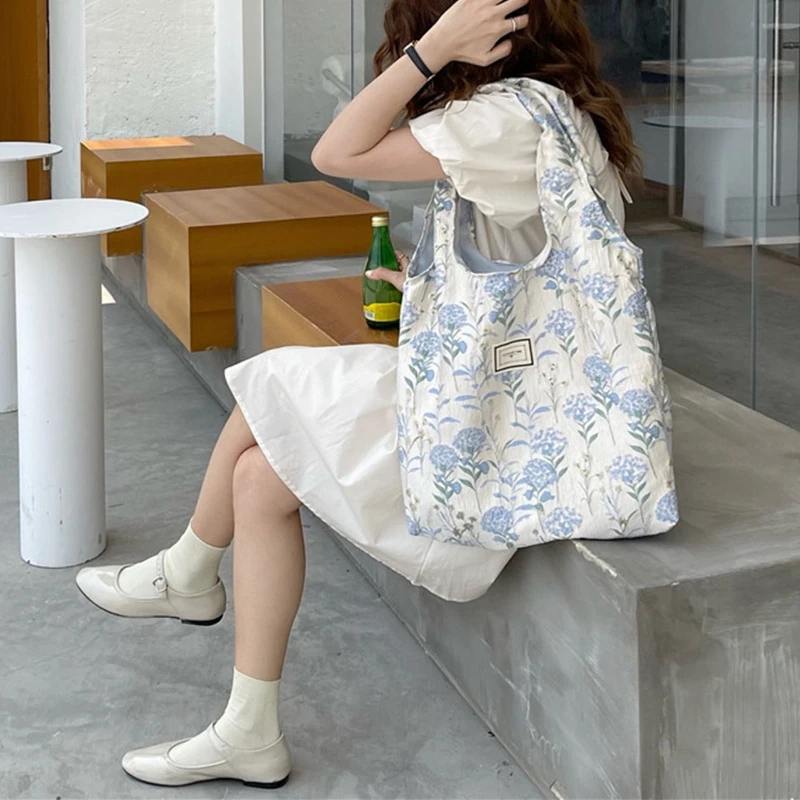 

Retro Design Women's Shoulder Bags Vintage Blue Flower Ladies Tote Female Girls Hand Carrying Handbags Underarm Bag