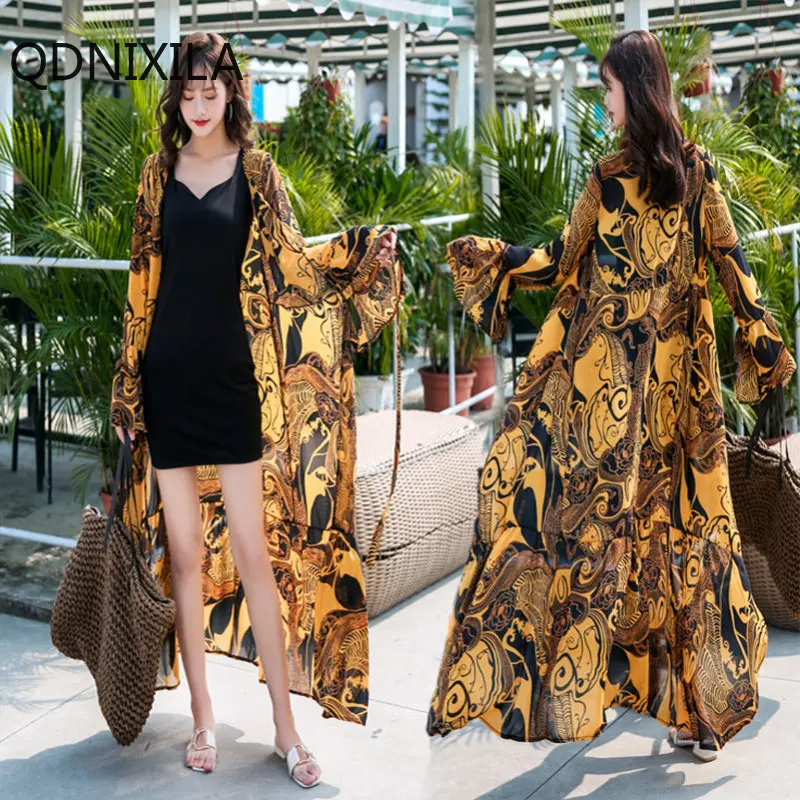 

Shirt & Blouse Chiffon Cardigan Dress Women Summer Mid-length Sun Protection Coat Beach Shawl Cover-ups Beach Dress Thin Coat