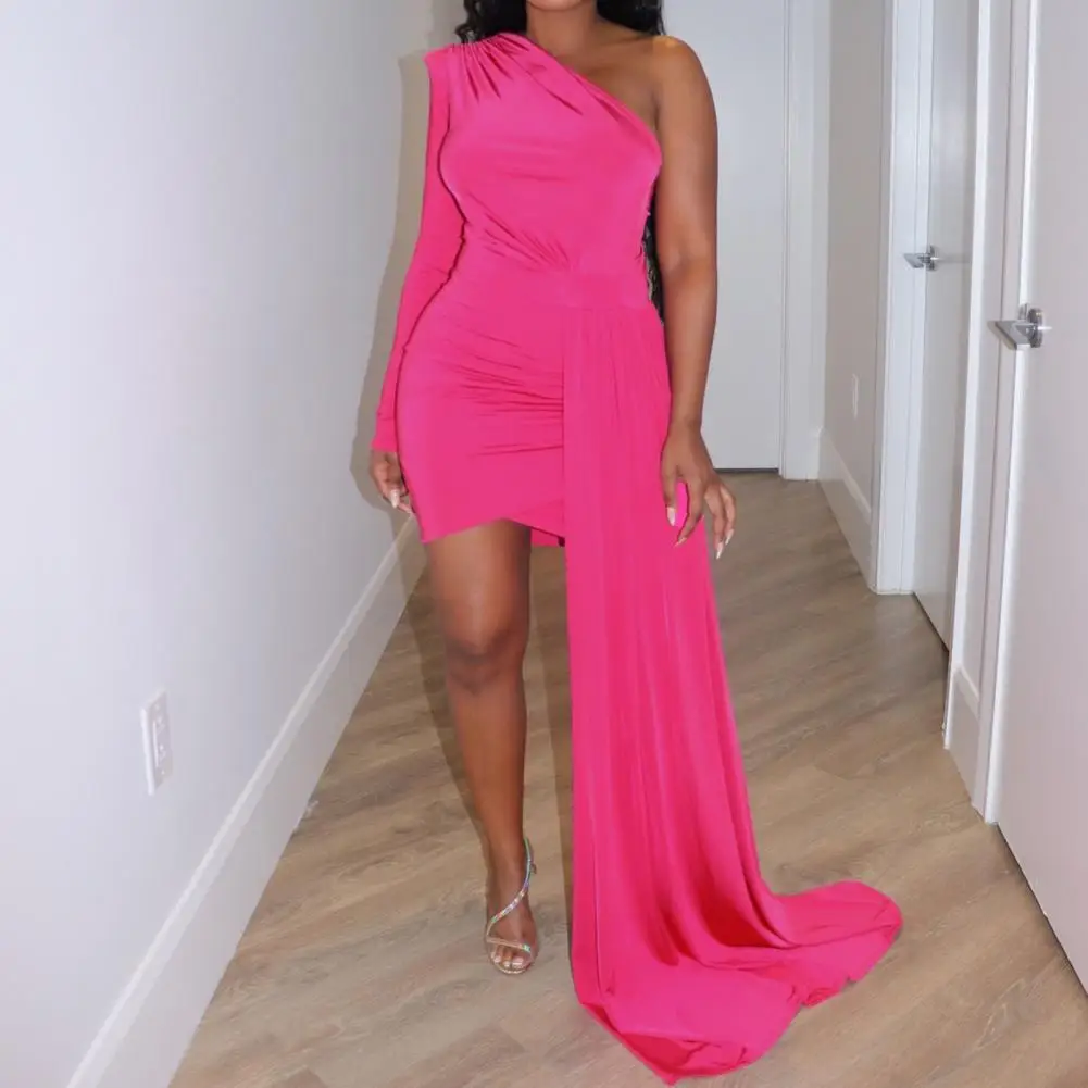 

Stylish Formal Dress Single Shoulder Asymmetrical Off Shoulders Sexy Ribbon Mini Dress for Wedding Banquet Party Prom