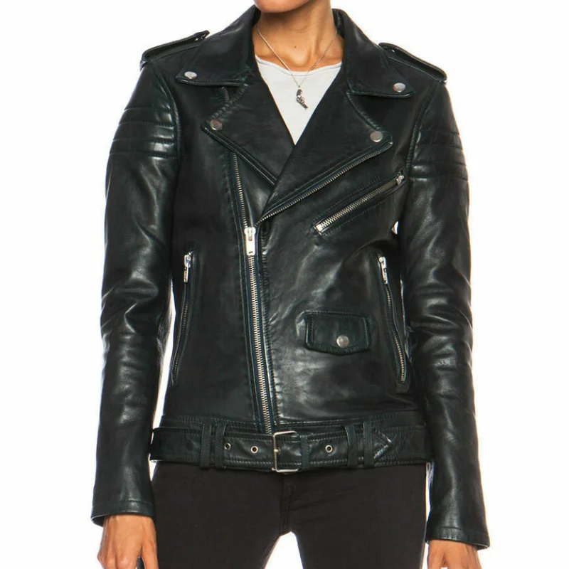 Leather Jacket Women Slim Fit Black Cafe Racer Genuine Lambskin Motorcycle Biker Jacket Fashion Coat