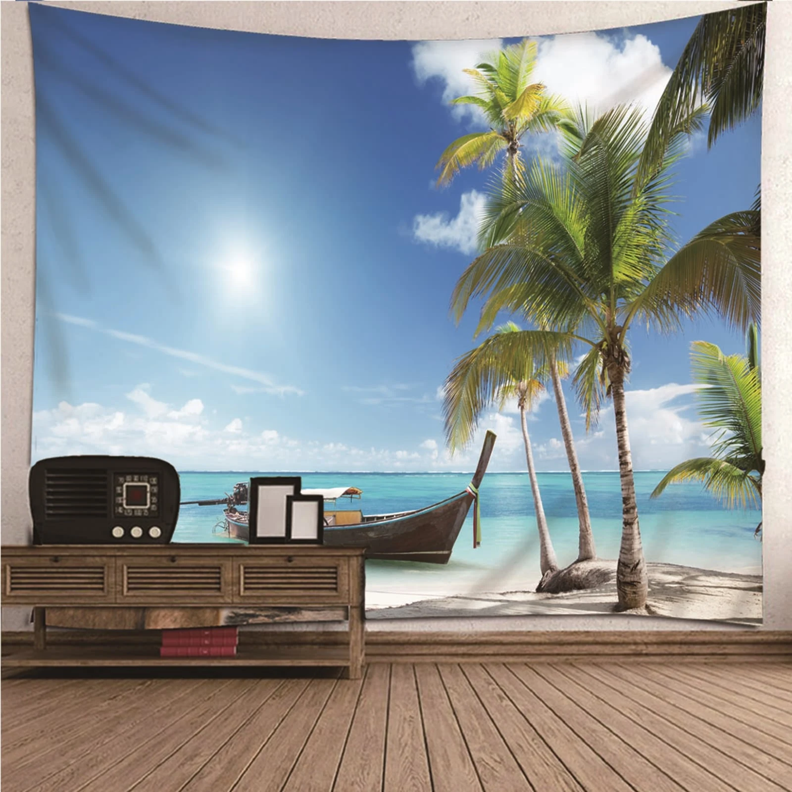 

Small Tapestry Colorful Tapestry Teen natural scenery Coconut Tree Boat Sky Wall Hanging Blanket Dorm Art Decor Covering