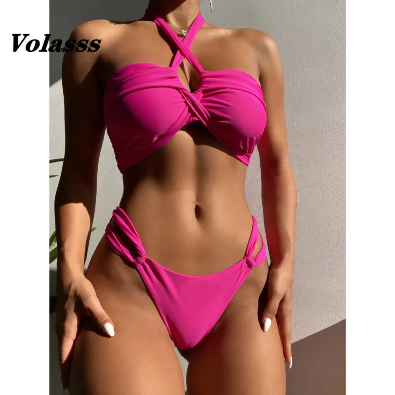 

New Lace Up Bikini Solid Color Swimsuit Women Two Piece Biquini Middle Waist Swimwear Female Sexy Bandage Bathing Suit Beachwear