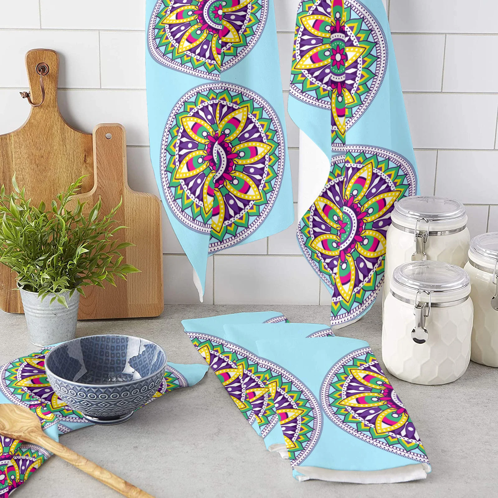 

Mandala Colorful Flower Kitchen Cleaning Towel Microfiber Absorbent Dishcloths for Kitchen Rags Cleaning Tool