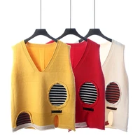 spliced knitted vest women solid loose trendy korean style sleeveless v neck all match female simple leisure outwear sweater top