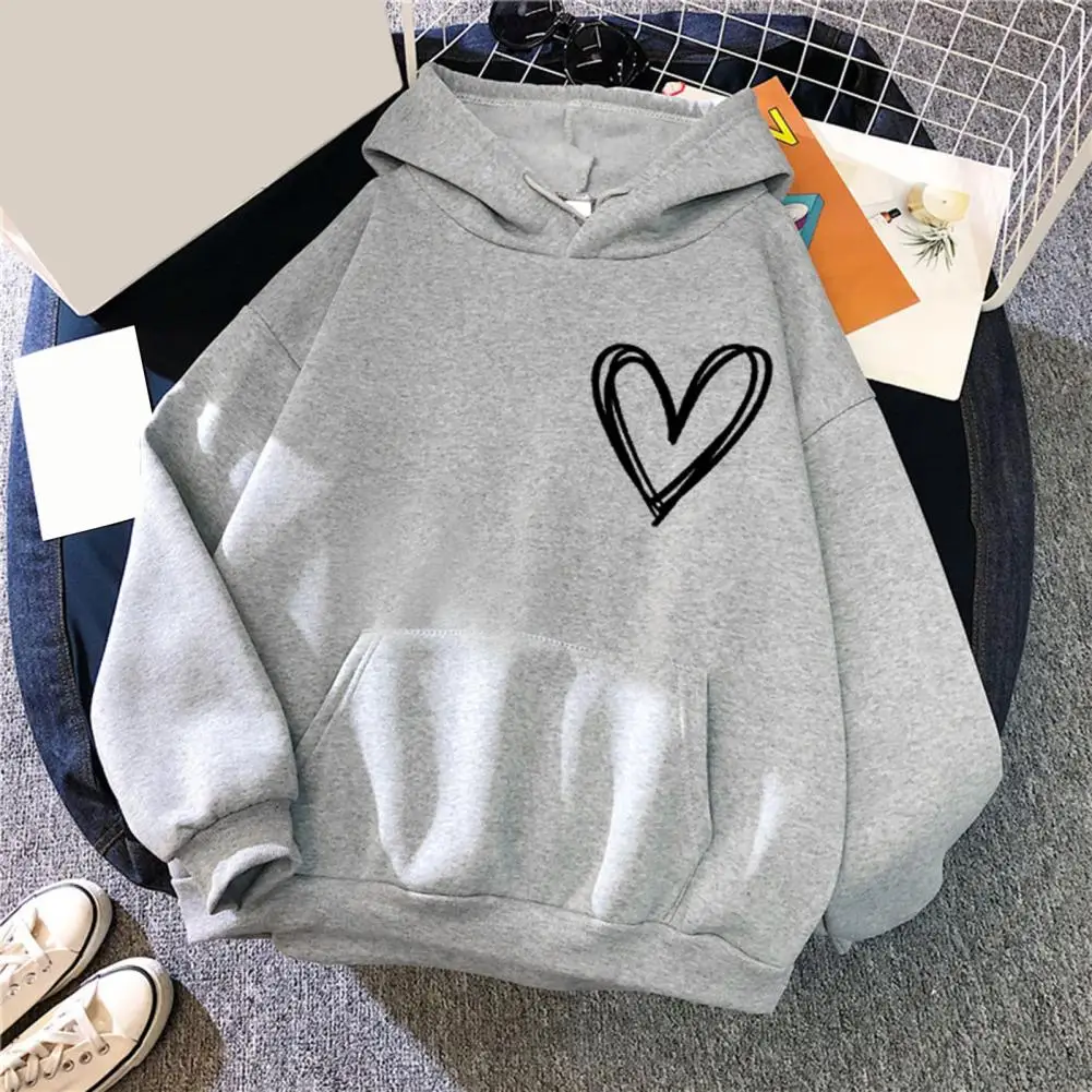 

Simplic Heart Print Women Sweatshirt Soft Casual Loose Vintage Female Hoodies 2023 Winter Warm Fleece Student Tops