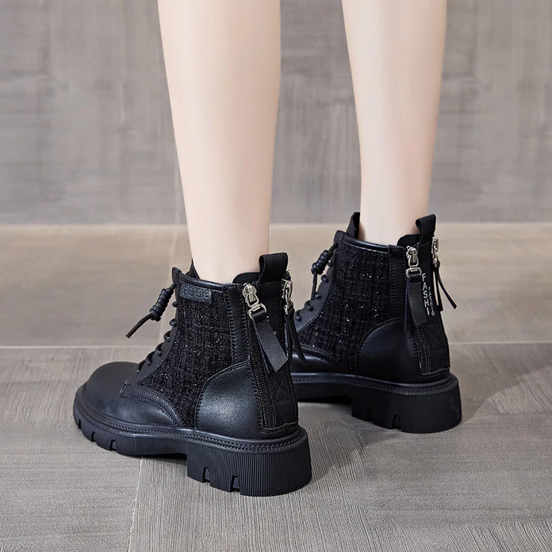 Women Leather Boots Rear Zipper Thick Sole Motorcycle Non-slip Middle Heel Shoes Fashion Low Top New Arrivals