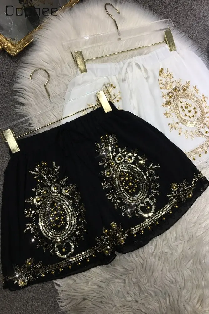 

2023 Spring and Summer New Heavy Industry Beads Sequined Shorts Women Elastic Waist Versatile Embroidered Chiffon Shorts Female