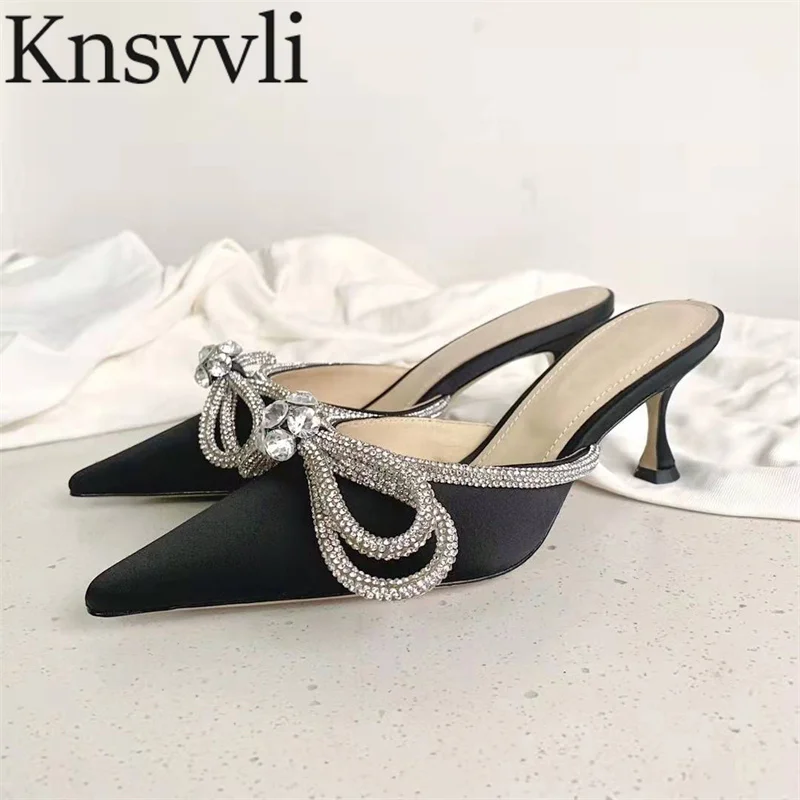 

Sexy High Heels Slippers Women Rhinestone Butterfly-knot Party Dress Shoes Lady Pointed Toe Mules Kitten Heel Slippers Woman