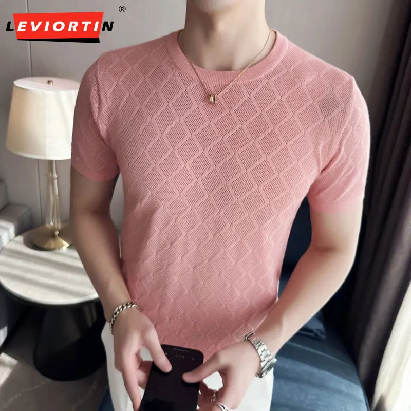 

British Style Summer Breathable Knit Short Sleeve T-Shirts For Men Clothing 2023 Fashion O-Neck Slim Fit Plaid Tee Shirt Homme