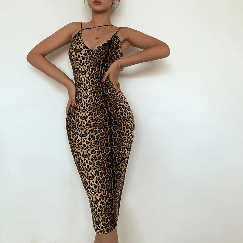 

Women Leopard Print Dress Summer Sexy Spaghetti Strap V Neck Mini Club Bodycon Dress Casual Sleeveless Evening Party Dresses
