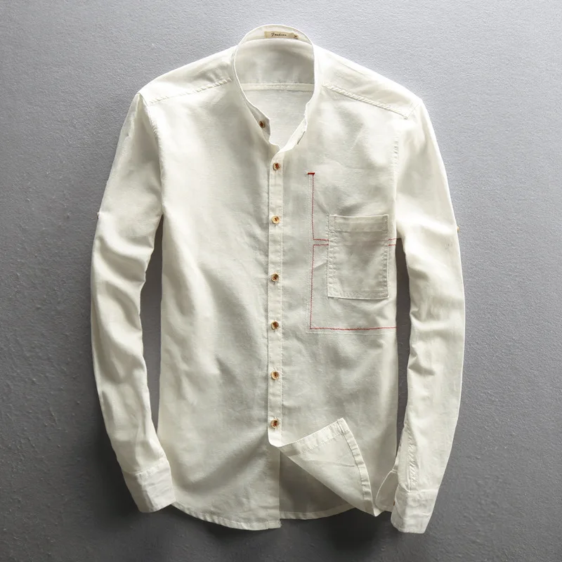 

Men's Cotton Linen Shirts Long Sleeve Casual Slim Mandarin Collar Shirts High Quality Male Breathable Clothing Tops