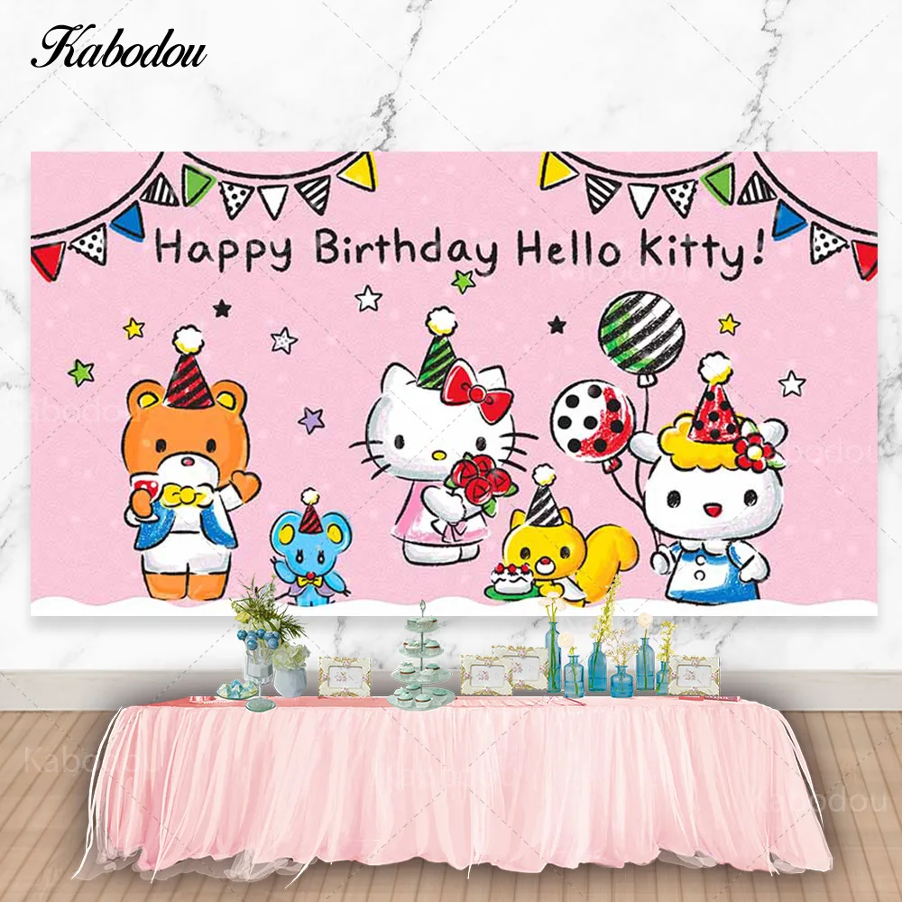 

Kabodou Kitty and Friends Photo Backdrop For Child Happy Birthday Photography Background Bow Vinyl Decorations Banner