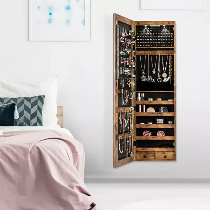 

Wall and Door Mounted Mirrored Jewelry Cabinet with Lights Home Bedroom Jewelry Storage Cabinet