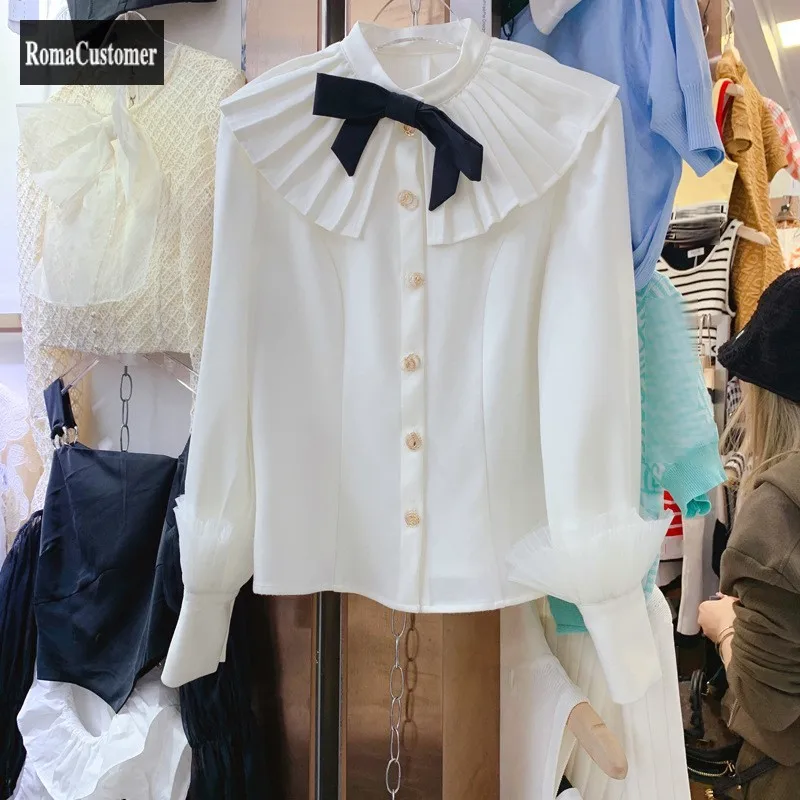 

Korean Version British Style Turn-Down Collar Bow Lady Puff Sleeve Single Breasted Trend Shirt Womens Straight Loose Blouse