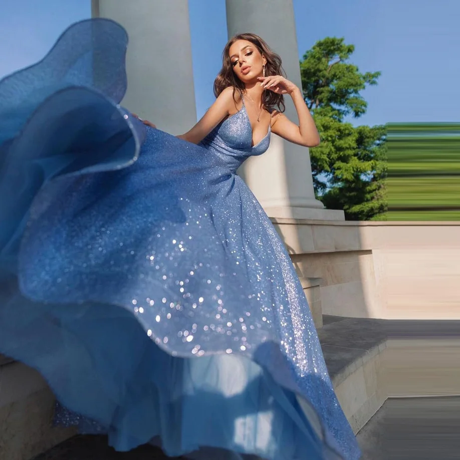 

Stunning Long Prom Dresses With Straps Puffy Under Tulle Long Women Sequin Evening Dressing Gowns For Formal Event Birthday