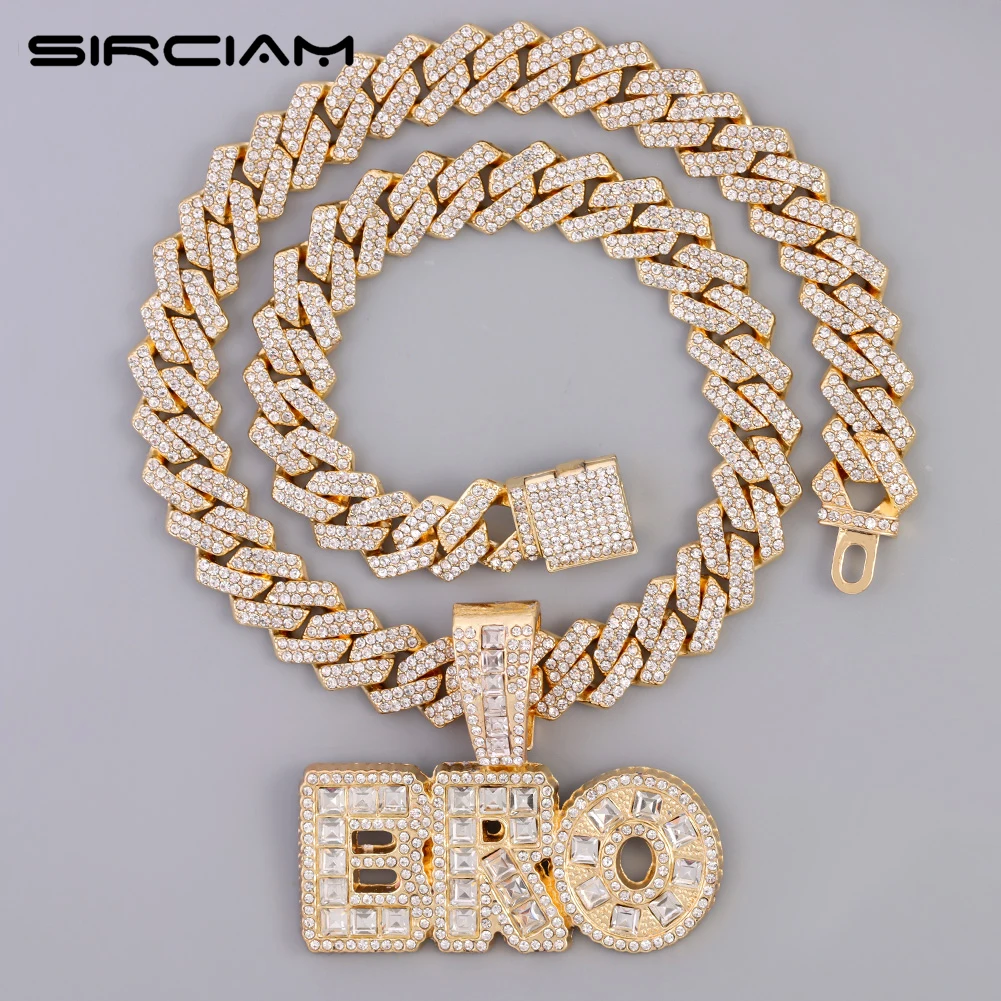 

Iced Out Hiphop Baguette BRO Letter Pendant Necklace For Women Men 14MM Prong Cuban Link Chain Necklaces Punk Rapper Jewelry New