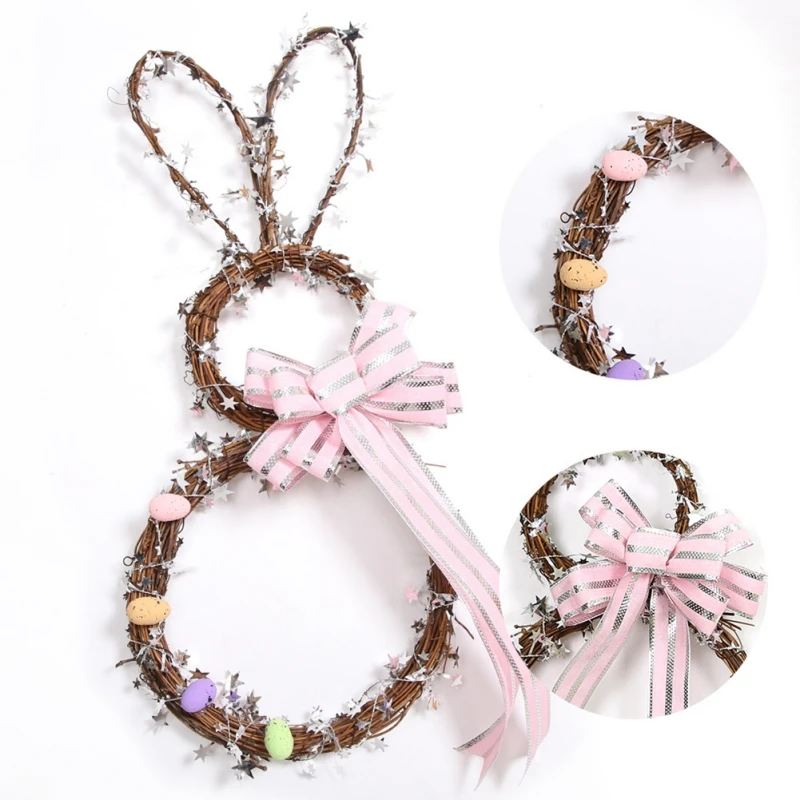 

DIY Rattan Straw Garland Easter Bunny Wreath for Easter Party Decor Easter Rabbit Ears Wreath for Easter Home Decoration Kid Gif