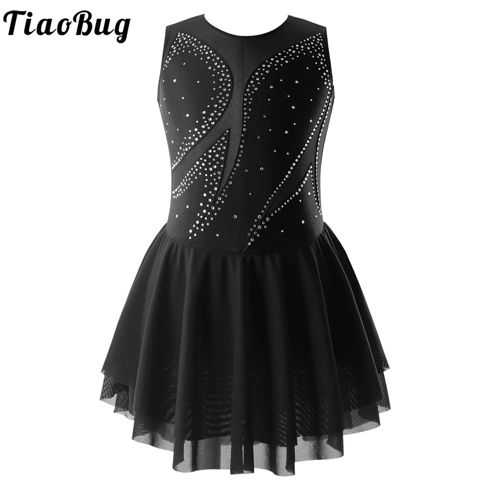 

Kids Girls Ballet Sleeveless Dance Gymnastic Dress Shiny Rhinestone Leotard Patchwork Skirt Figure Ice Skating Performance Dress