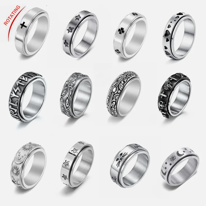 

Rotatable Stainless Steel Spinner Fidget Ring For Women Men Retro Star Skull Cross God Eyes Irregular Rings for Stress Relieving