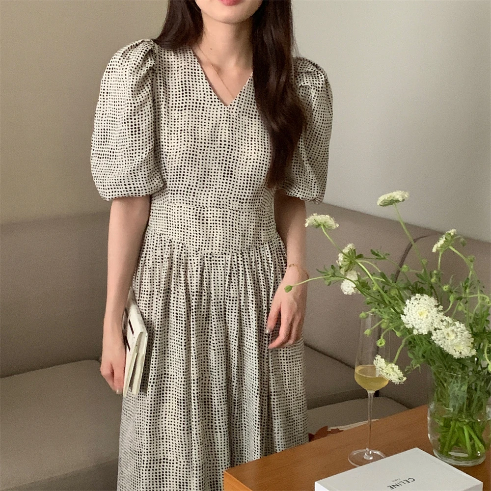 

Summer Elegant Irregular Dot Long Dress Women 2022 V Neck Lacing Up Elastic High Waist A-line Sundress Female French Style
