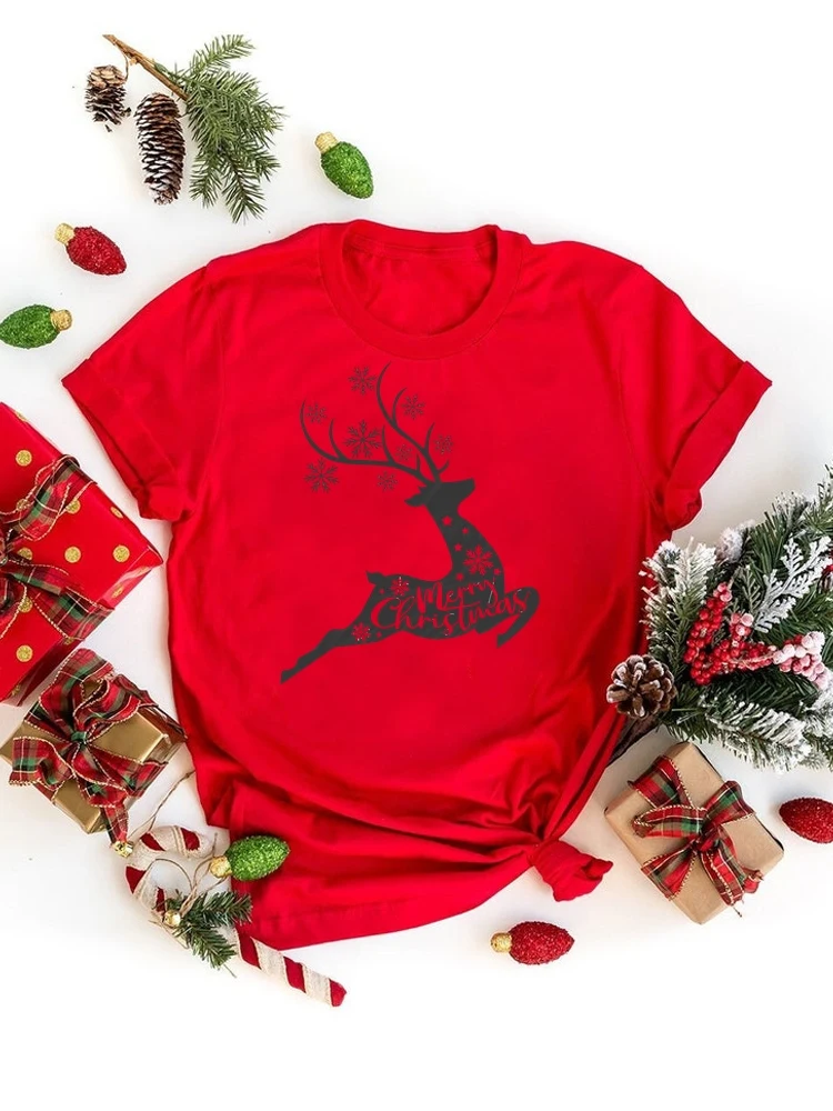 

Женская одежда с принтом оленя и снежинок, модная Рождественская Женская одежда, женские футболки с коротким рукавом, футболка с графически...