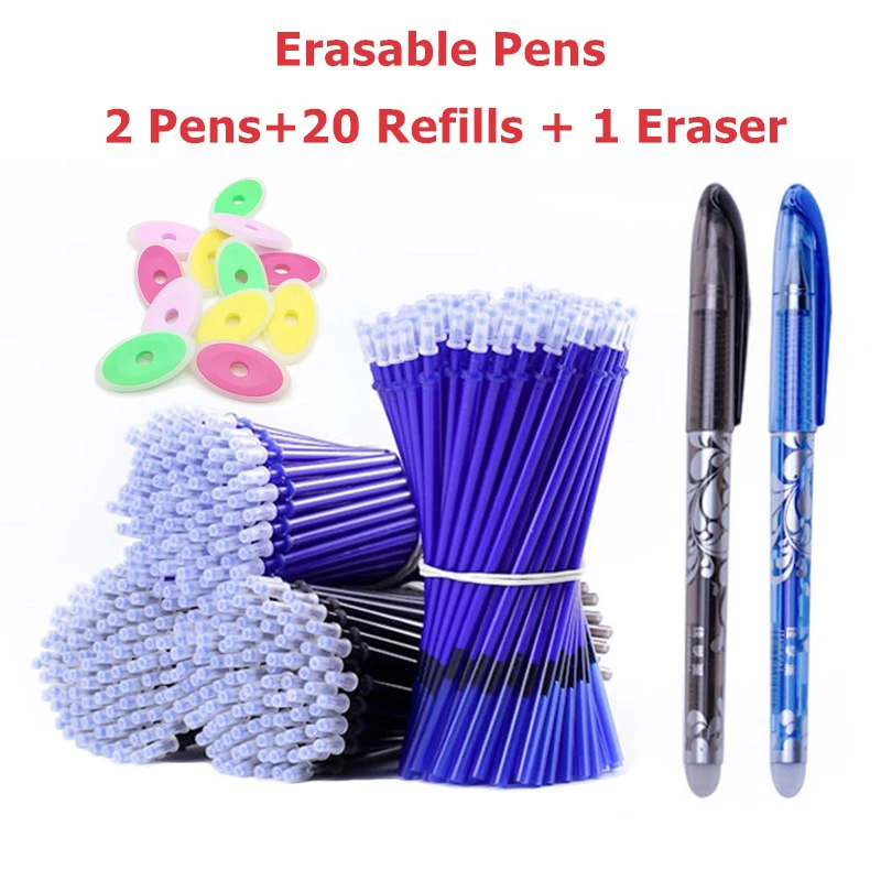 2 Erasable Pens + 20 Refills + 1 Eraser Black & Blue Ink Gel Pen Set 0.5mm Ball Tip Magic Pen with Eraser Writing Stationery