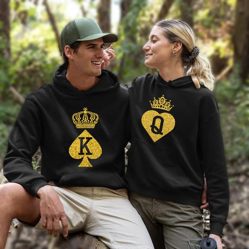 

King Queen Print Hooded Sweatshirts for Men and Women Autumn Winter Couple Matching Hoodies Long Sleeve Oversized Lovers Hoodies