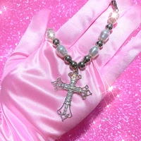 y2k accessories irregular pearl crystal cross necklace punk aesthetic korean fashion choker gothic necklace jewelry crucifix