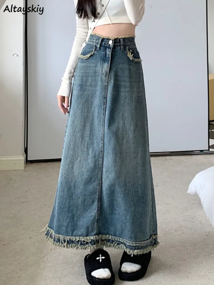 

Рваные джинсовые юбки для женщин, свободная шикарная уличная одежда до щиколотки, винтажная модная повседневная простая универсальная юбка в Корейском стиле с высокой талией