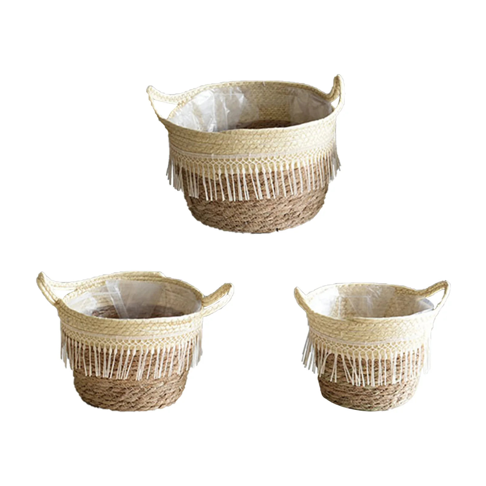 

3pcs/pack Ornament Macrame Round Planter Basket Containers Straw Woven Home Decor Accessories With Tassel Outdoor Storage Indoor