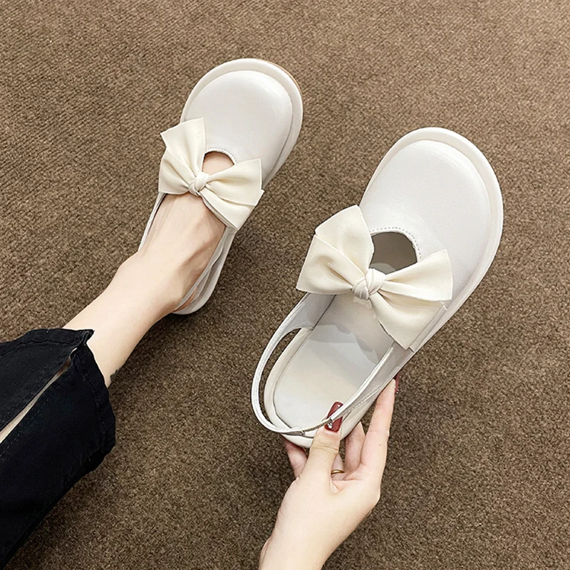 

Mary Jane Bow Shoes Flat Sandals Anti-Skid Summer Heels Suit Female Beige 2022 Women's Without Gladiator Girls Closed Low Comfor