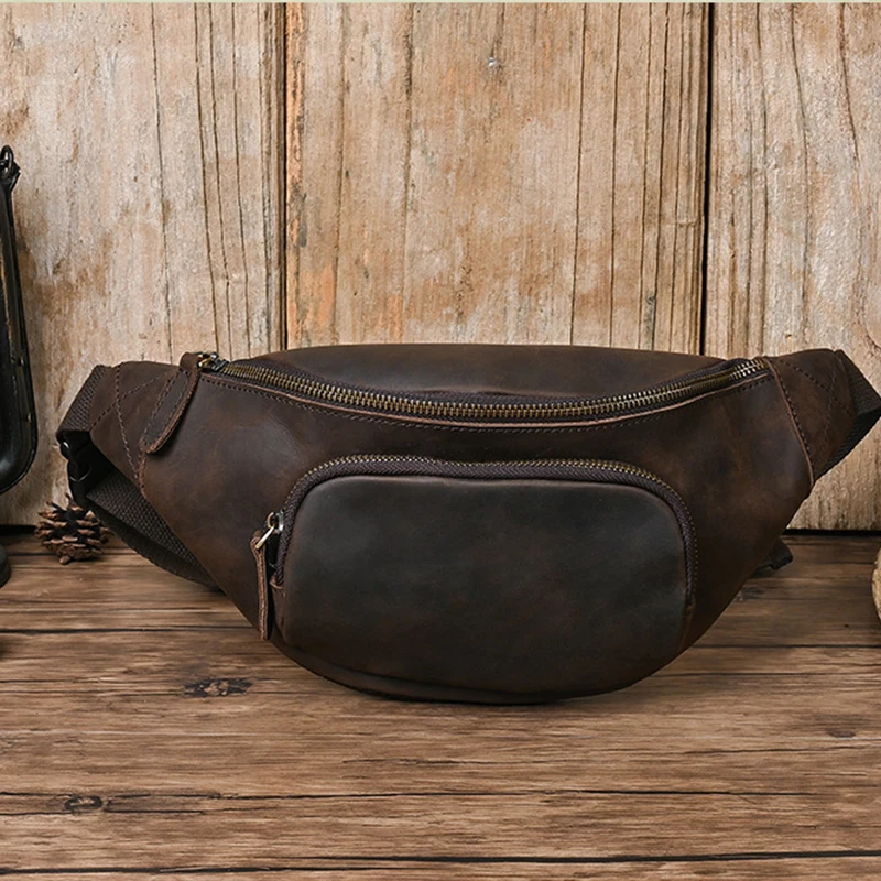 

Male Horse Hip Waist Bag Cowhide Bags Belt Body Cross Retro Leather Genuine Bum Sling Men Crazy Chest Purse Travel Fanny Pack