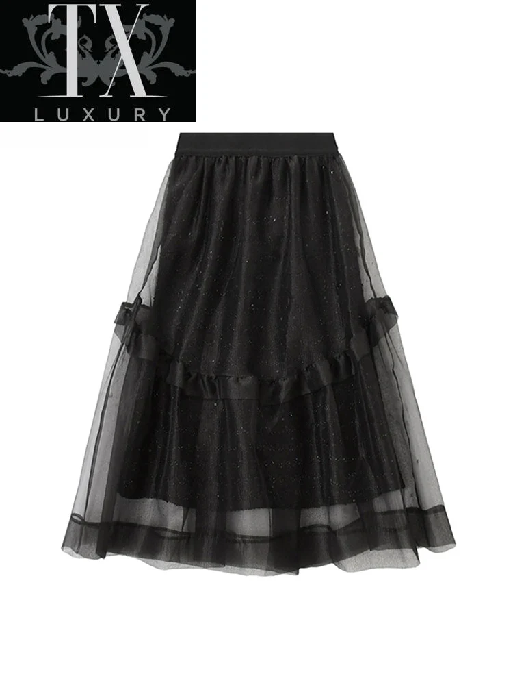 

Glitter For Women Trendy High Waist Pleated Loose A Line s Y2K Gothic Female Sheer Mesh Midi Length Tutu Skirt
