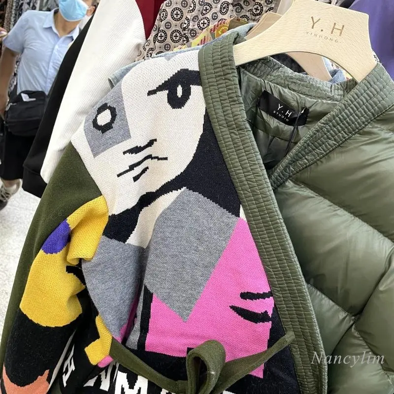 European Winter Parka Women 2022 Winter New Korean Fashion Color Contrast Patch Knitted Letter Pattern Thicken Warm Cotton Coat