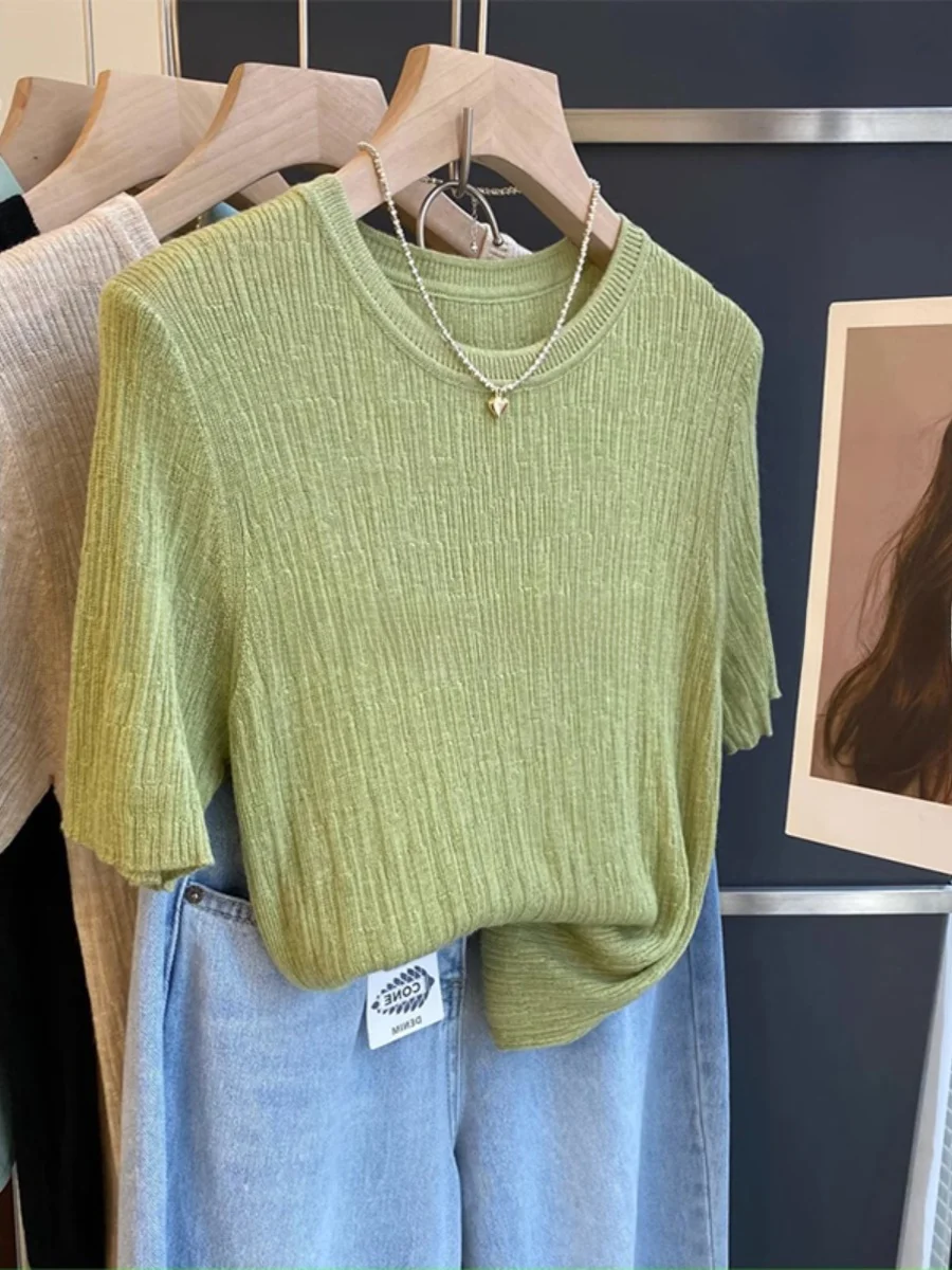 Женская футболка с коротким рукавом и круглым вырезом летняя Однотонная из