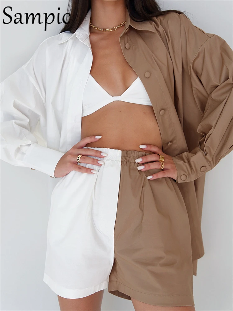 

Наряды Sampic, Повседневная Свободная одежда для отдыха с длинным рукавом, рубашка, топы и шорты, свободный спортивный костюм, комплект из двух ...