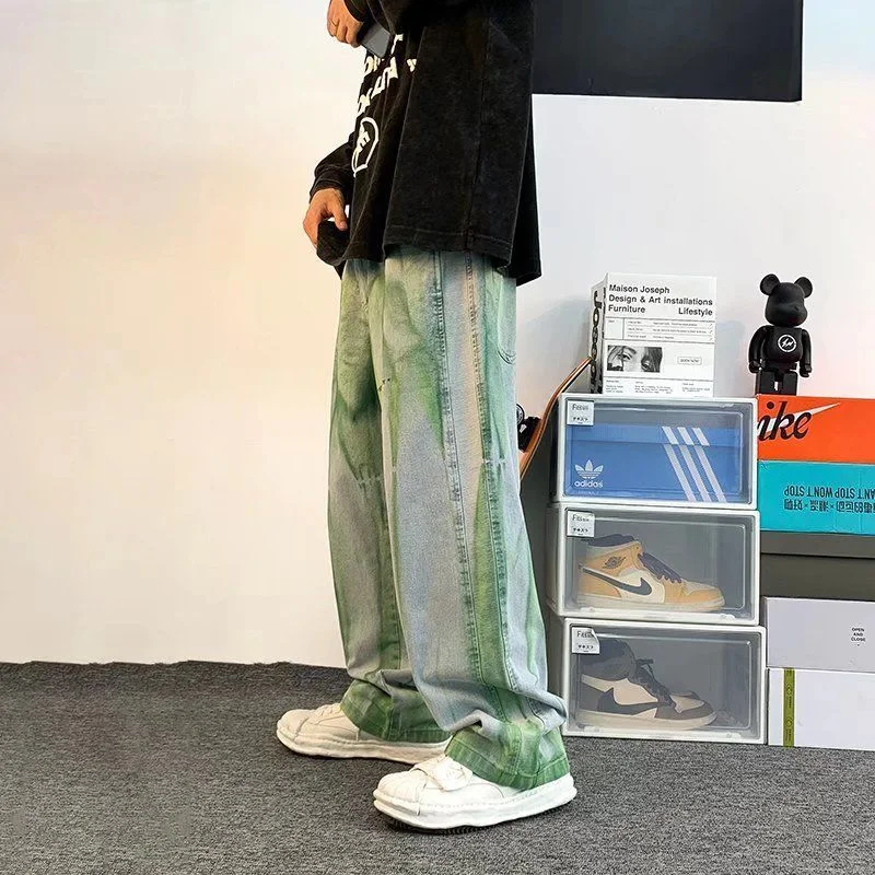 DEEPTOWN Y2K Straight Jeans Men Loose Fashion Denim Pants Casual Blue Harajuku Trousers Male Wide Leg Streetwear Hip Hop Spring